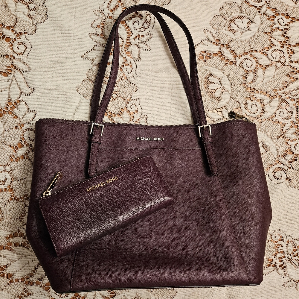 Michael Kors Burgundy Saffiano Tote with Burgundy Pebble Leather Wallet